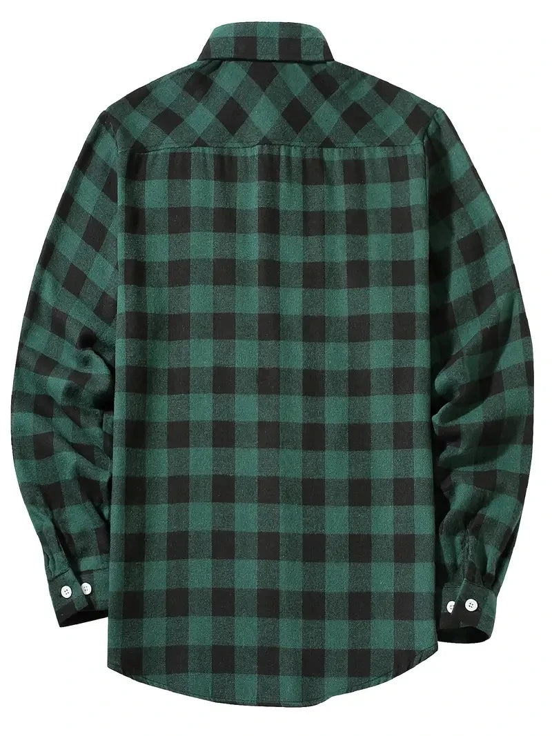Dark green plaid flannel shirt with long sleeves and button-up collar.