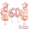 A collection of rose gold foil balloons including star shapes, round balloons, and a large number 60 for birthday decor
