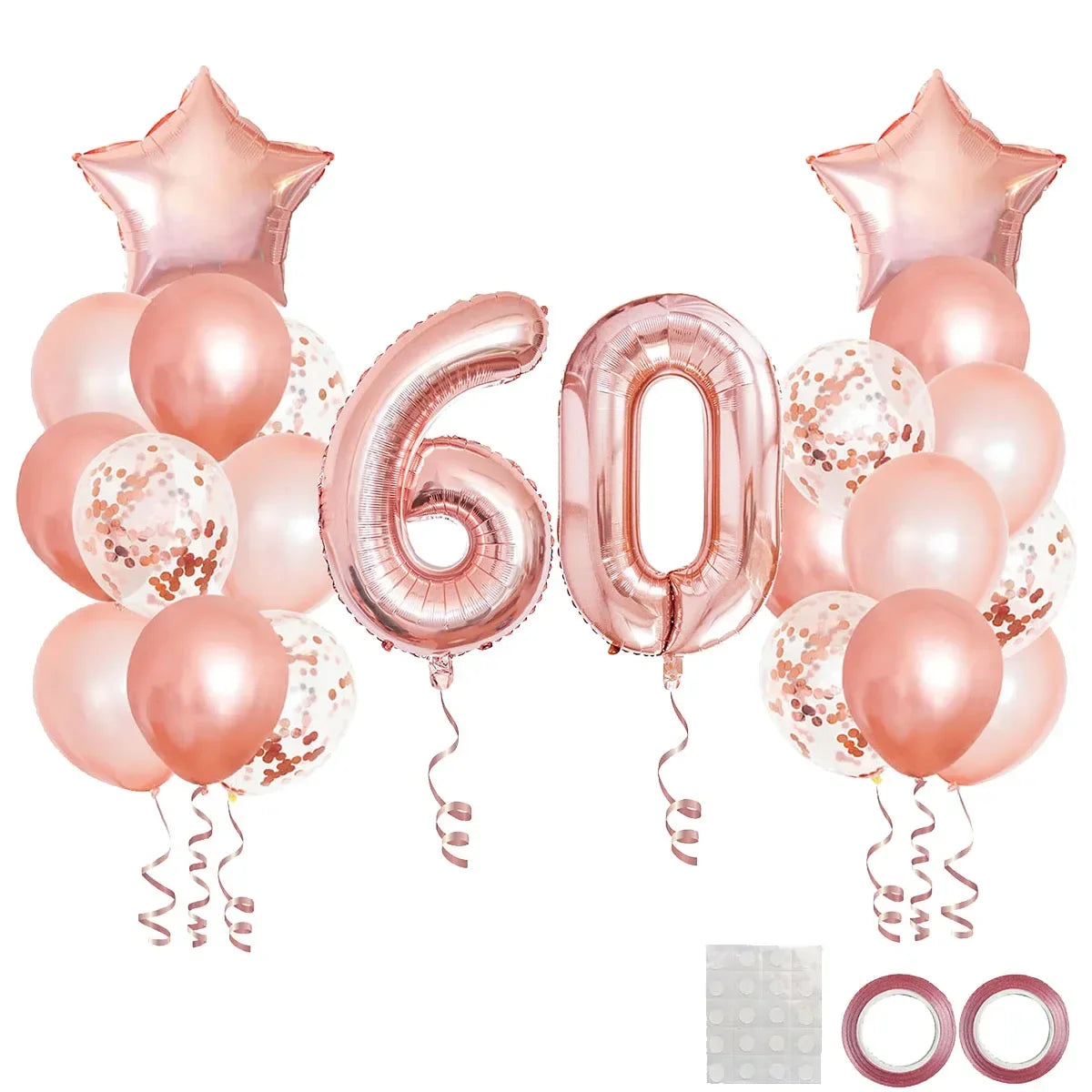 A collection of rose gold foil balloons including star shapes, round balloons, and a large number 60 for birthday decor