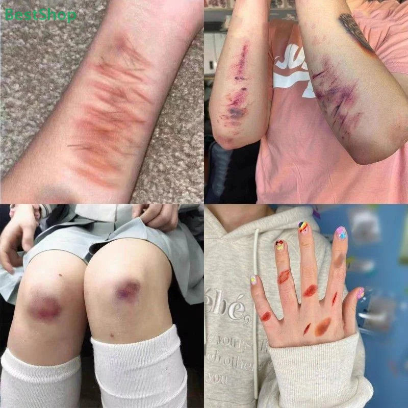 Close-up of skin showing realistic purple and red bruising and scarring effects for temporary tattoos