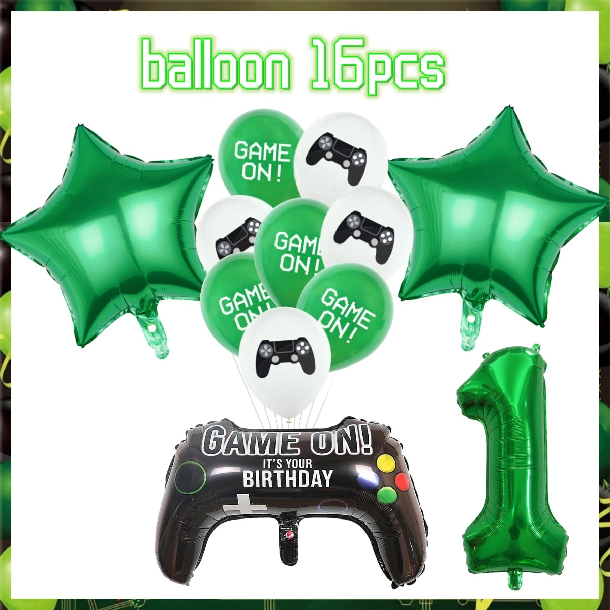 Green Video Game Birthday Party Supplies Kit with Gamepad Balloons