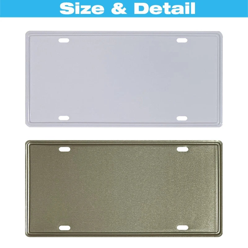 A silver metal tin sign with mounting holes and a bronze-colored rectangular plaque.