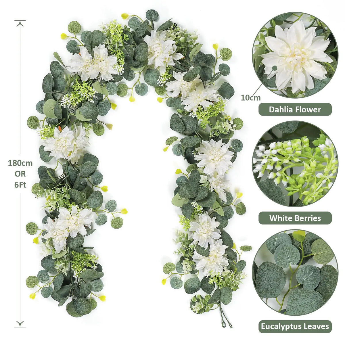 Artificial eucalyptus and rose garland featuring white flowers, green leaves, and white berries.