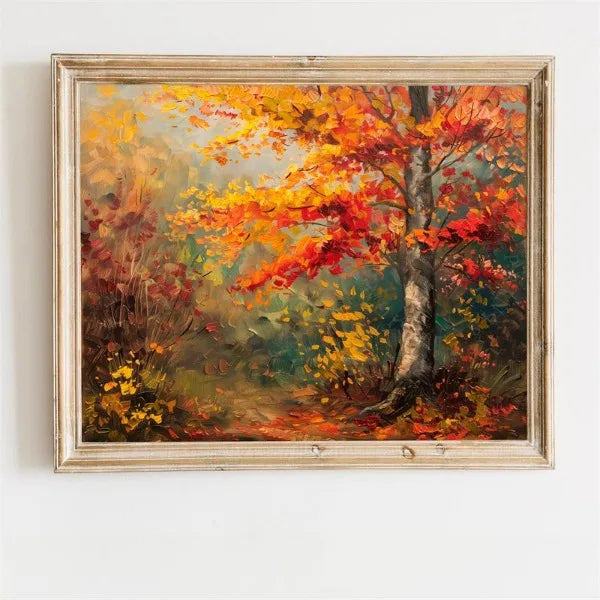 Oil painting of an autumn field landscape featuring vibrant red and yellow foliage under a bright sky.