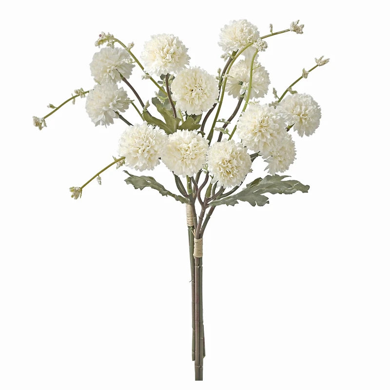 A bouquet of white silk chrysanthemum artificial flowers with green leaves on a brown stem.