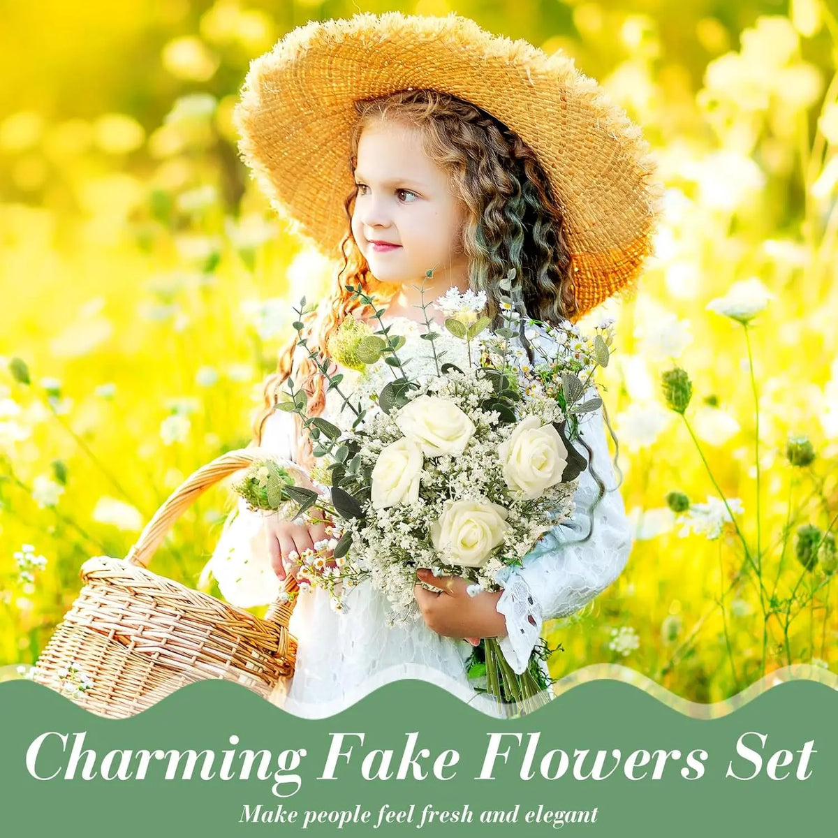A young girl in a straw hat holds a bouquet of white fake flowers in a field of yellow wildflowers.
