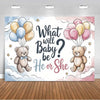 A gender reveal backdrop featuring two teddy bears and pink and gold balloons with stars against a light blue and pink backgr