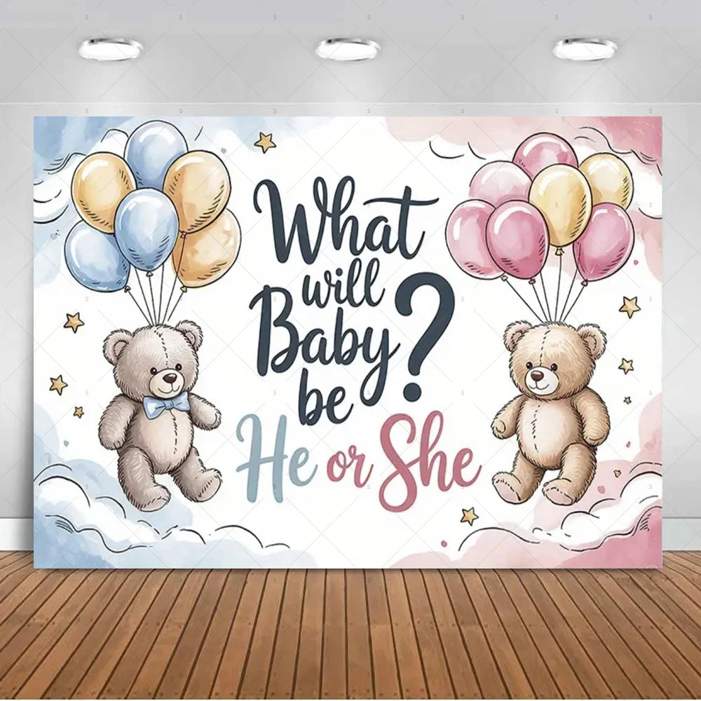 A gender reveal backdrop featuring two teddy bears and pink and gold balloons with stars against a light blue and pink backgr