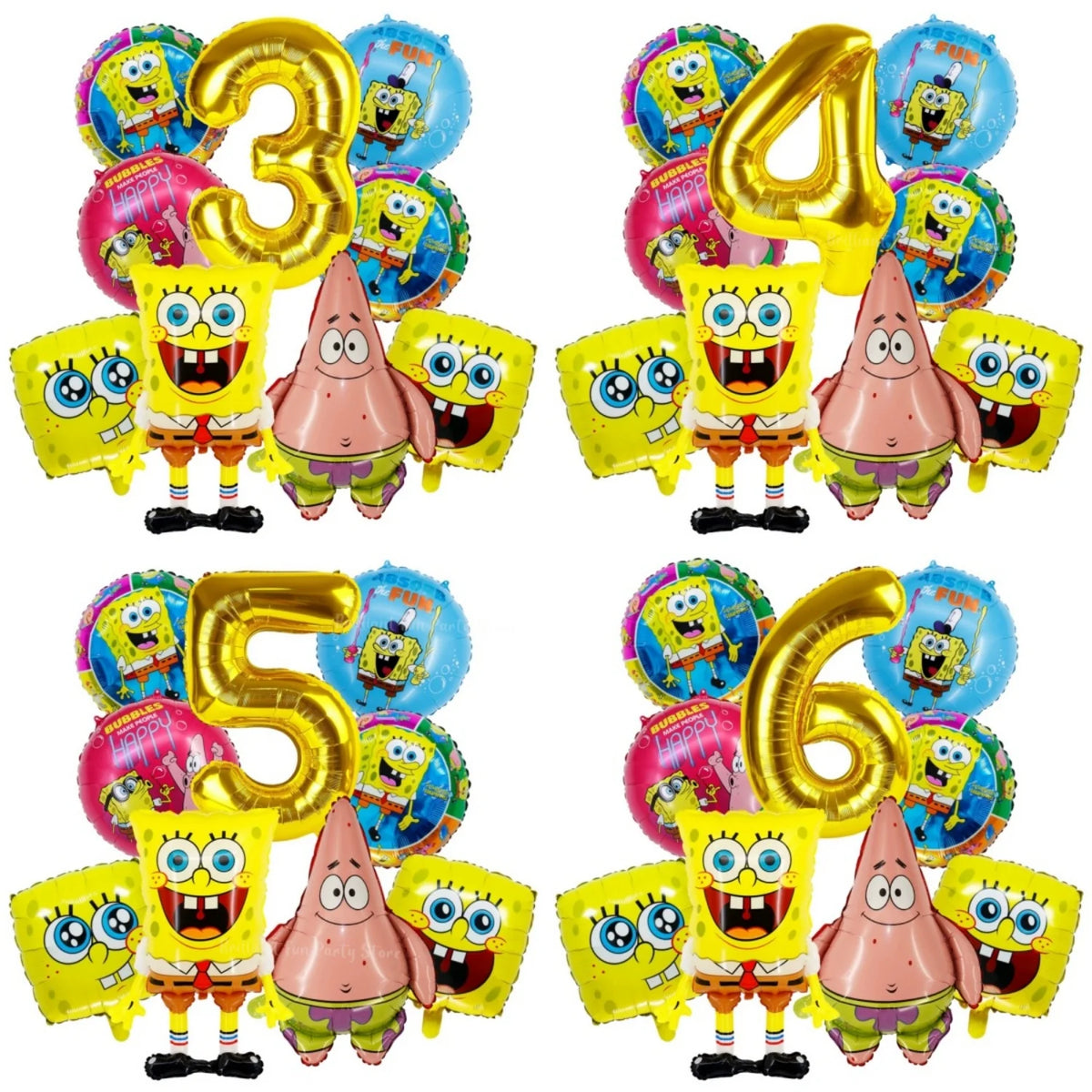 A set of nine foil balloons shaped like the number three, four, five, and six, featuring SpongeBob SquarePants characters.