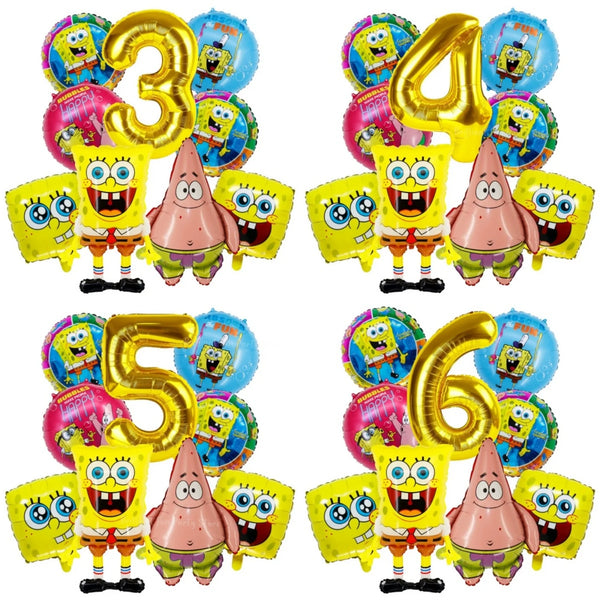 A set of nine foil balloons shaped like the number three, four, five, and six, featuring SpongeBob SquarePants characters.