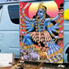 Vibrant wall art banner depicting Maa Kali with blue skin and multiple arms against a bright background.