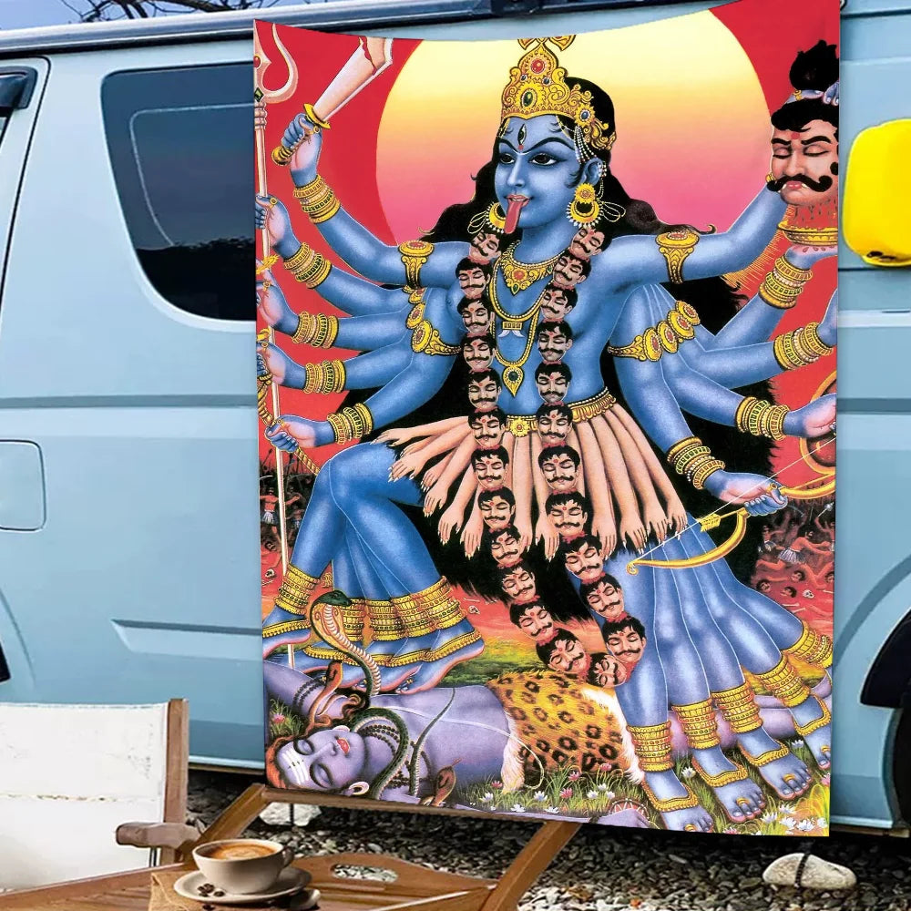 Vibrant wall art banner depicting Maa Kali with blue skin and multiple arms against a bright background.