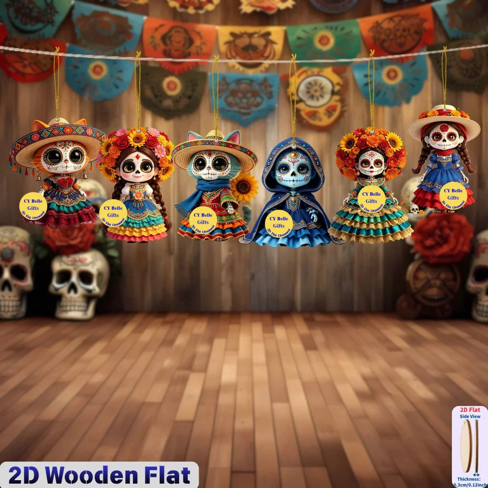 Flat wooden skull ornaments decorated with colorful flowers and traditional patterns for Halloween or Day of the Dead decor
