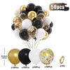 A bunch of 50 latex balloons in various colors including gold, black, white, and confetti patterns.