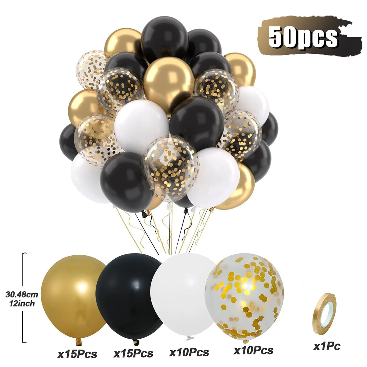 A bunch of 50 latex balloons in various colors including gold, black, white, and confetti patterns.