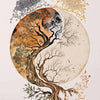 A circular painting featuring a tree silhouette and Buddha elements in earthy tones, set against a light background.