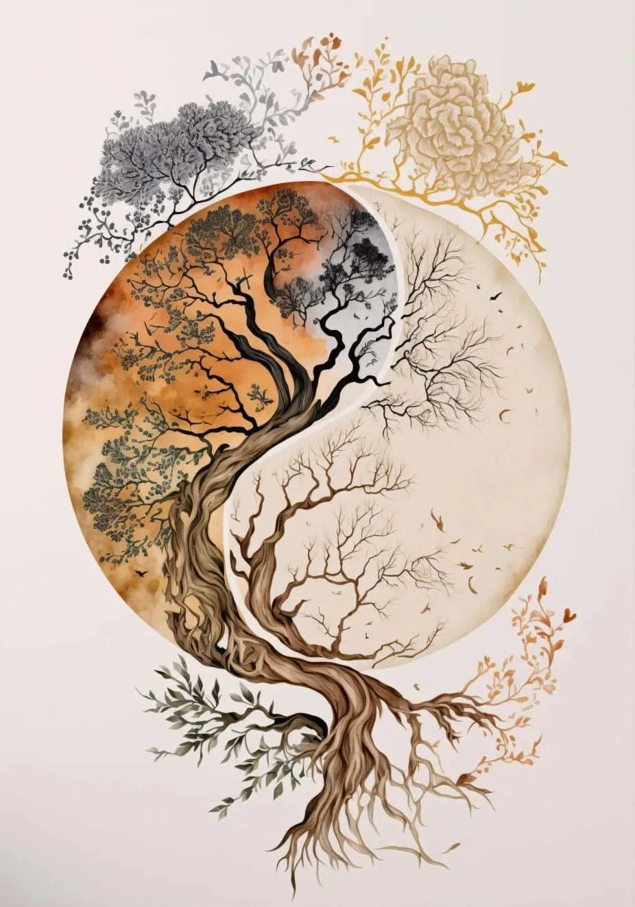 A circular painting featuring a tree silhouette and Buddha elements in earthy tones, set against a light background.