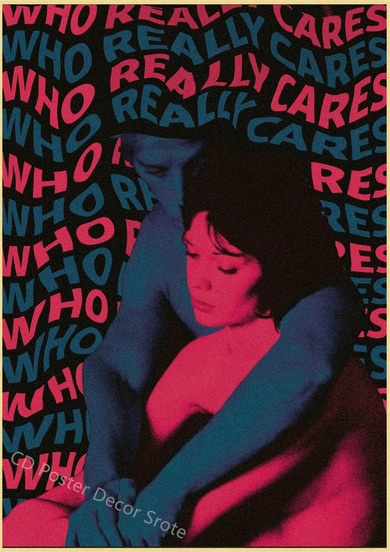 A vintage poster featuring a woman embracing another figure against a background of repeated text.