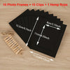 A set of ten black photo frames, ten clips, and one hemp rope displayed on a wooden surface.