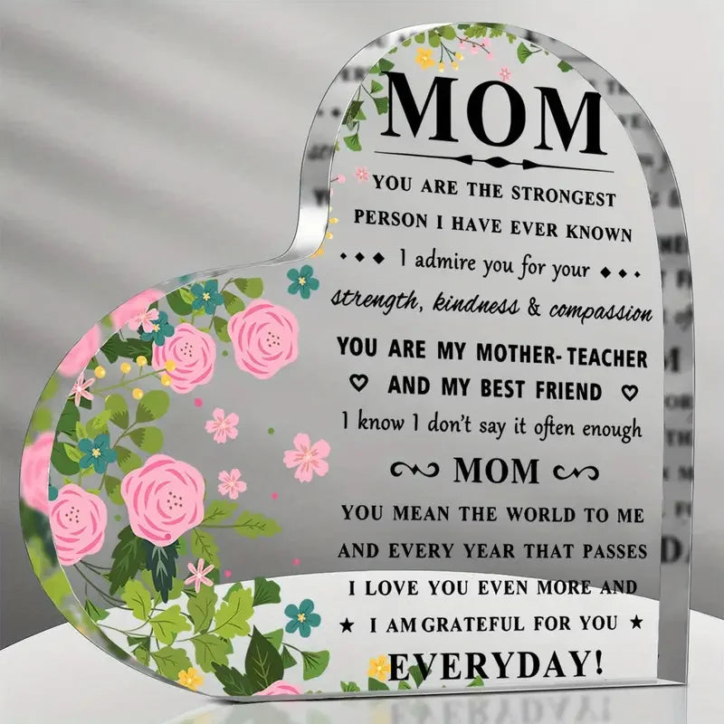 Cadre souvenir en acrylique en forme de cœur avec un motif floral et le texte MOM : Tu es la personne la plus forte que j'aie