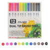 A set of twelve dual tip brush pens in various colors arranged in a plastic case.