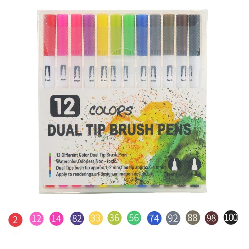A set of twelve dual tip brush pens in various colors arranged in a plastic case.