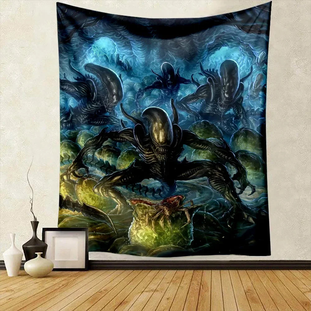 A dark tapestry wall hanging depicting menacing alien predators in a misty blue and green environment.