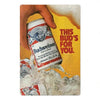 A hand is holding a can of Budweiser beer against a yellow background with ice and other beer cans.