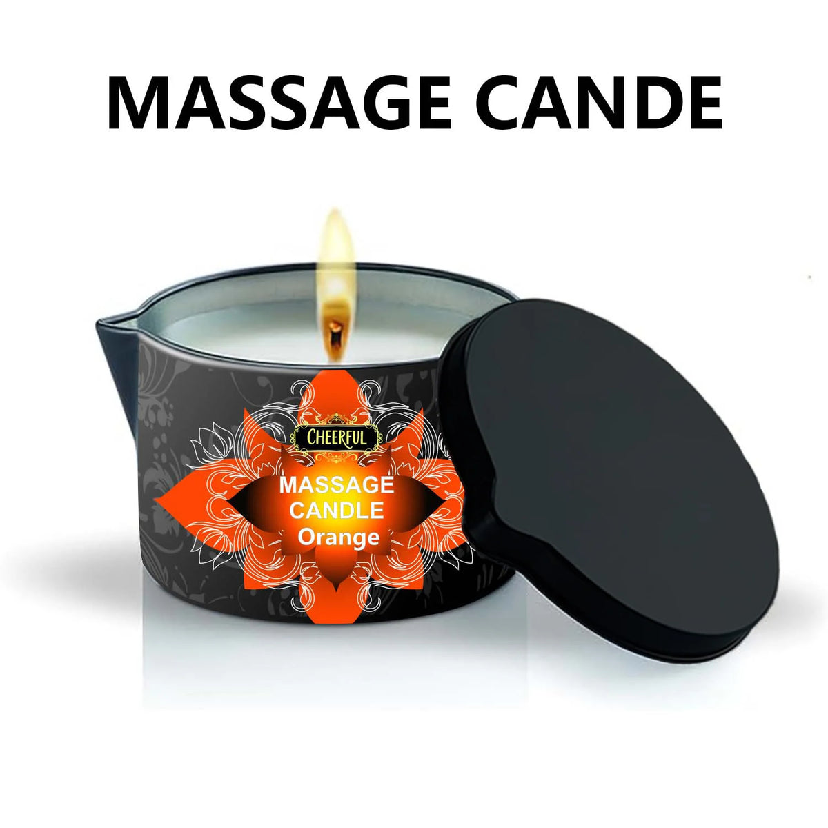A black jar candle labeled Massage Candle Orange with a lit wick and an orange floral design.