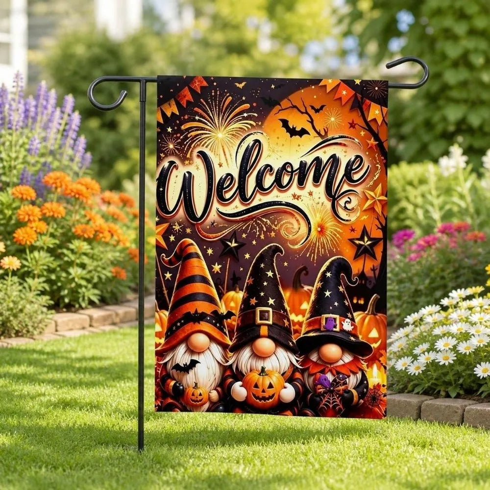 A Halloween garden flag featuring a welcome sign with bats, fireworks, and witch hats.