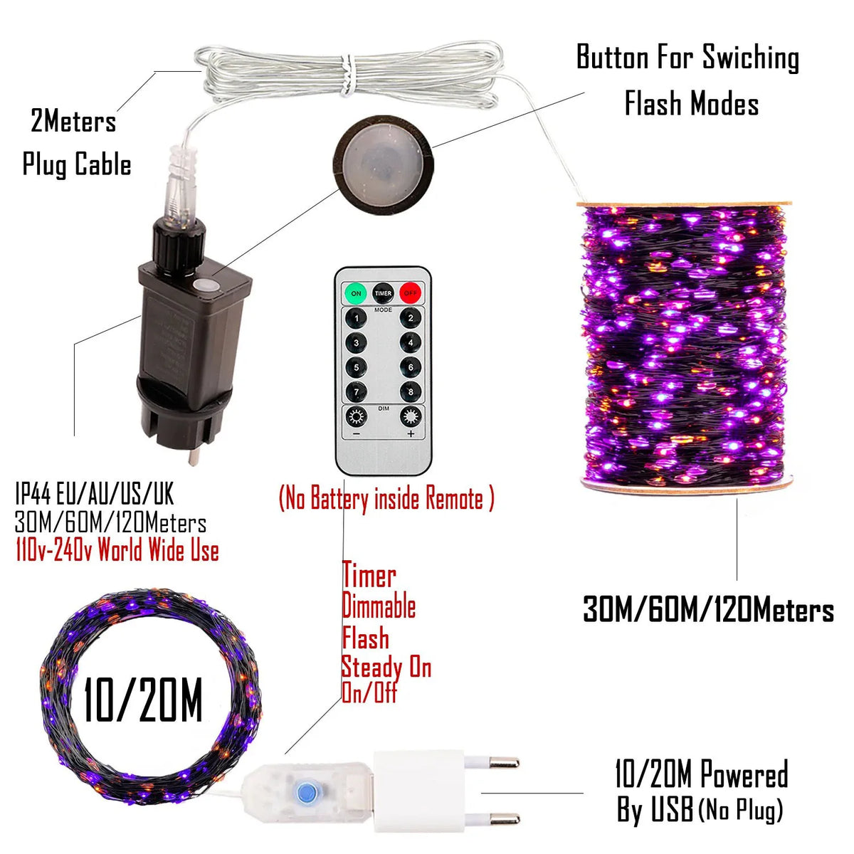 Purple and orange fairy string lights with a remote control and USB power adapter