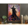 Canvas wall art depicting a dark witch with a pointed hat amidst vibrant orange and purple floral colors.