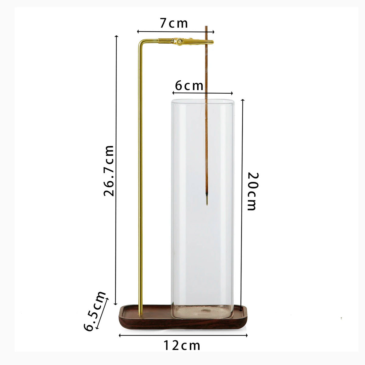 A tall glass incense holder with a brass stand and wooden base, featuring a removable ash catcher.