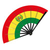 A folding cheering fan decorated with the colors and emblem of the South America flags.