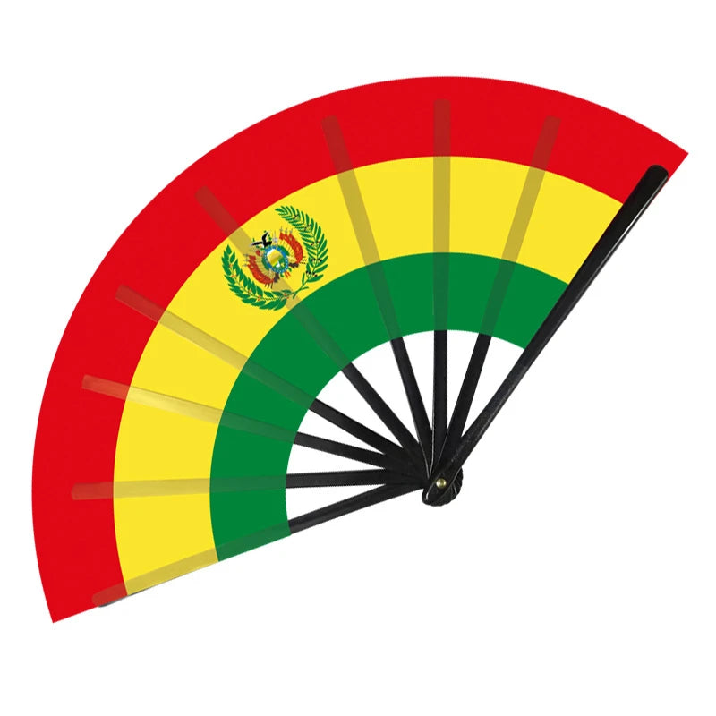 A folding cheering fan decorated with the colors and emblem of the South America flags.