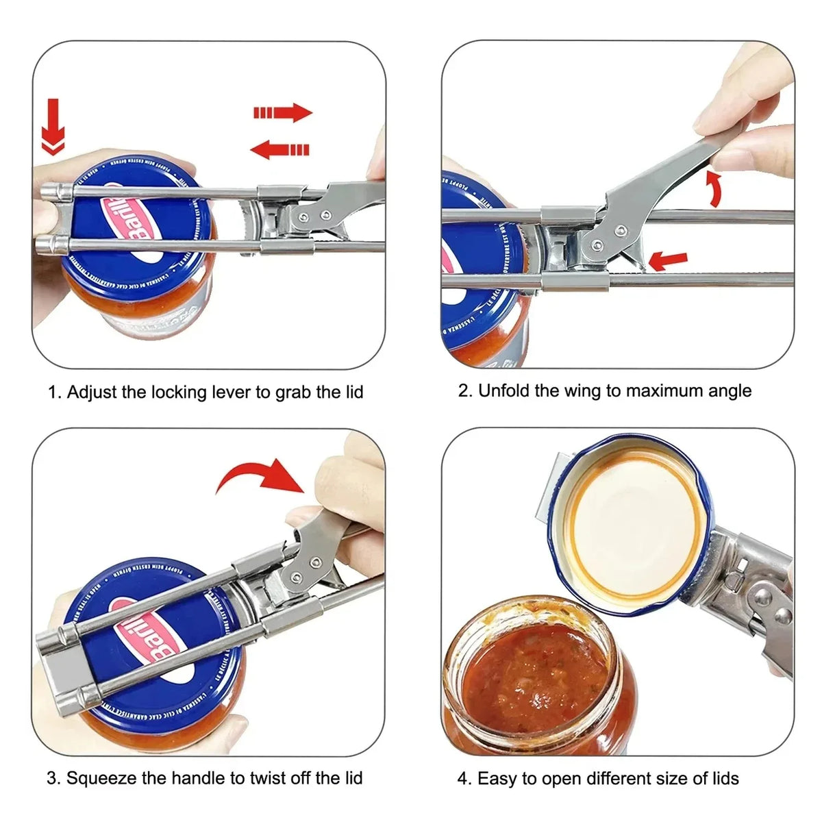 Instructions show how to adjust and use the stainless steel jar and bottle opener to open lids.