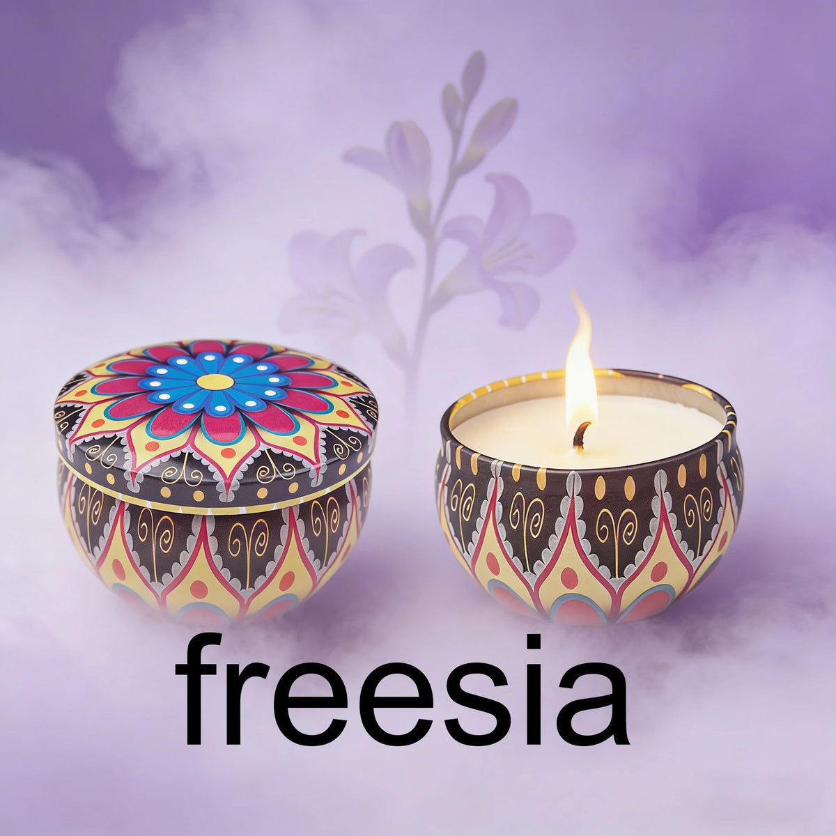 A decorative soy wax candle in a patterned tin set against a soft purple background.