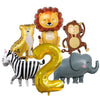 Jungle safari birthday decor set featuring golden and brown lion, tiger, and elephant figures