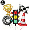 Set of five race car number balloons including a gold trophy, a black and white checkered flag, a black car with colored ligh