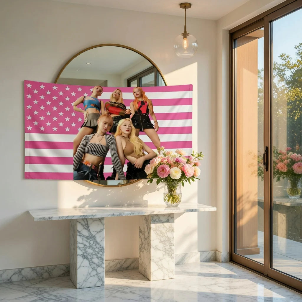 Pink and white striped tapestry featuring K-Pop inspired figures displayed on a marble shelf.