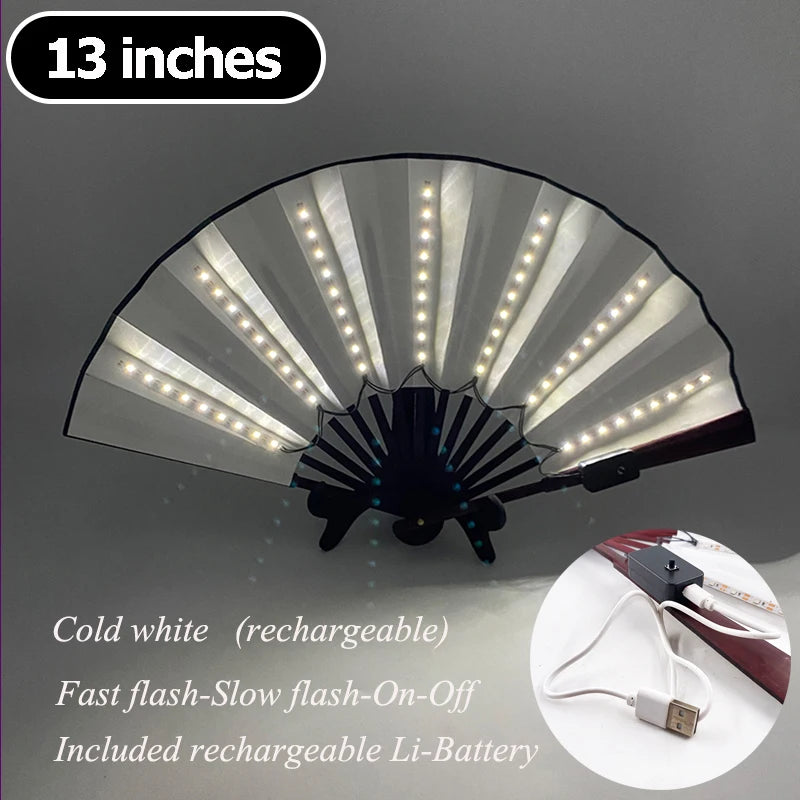 A 13 inch multi-mode LED party fan with a pleated design shown in a close-up view.