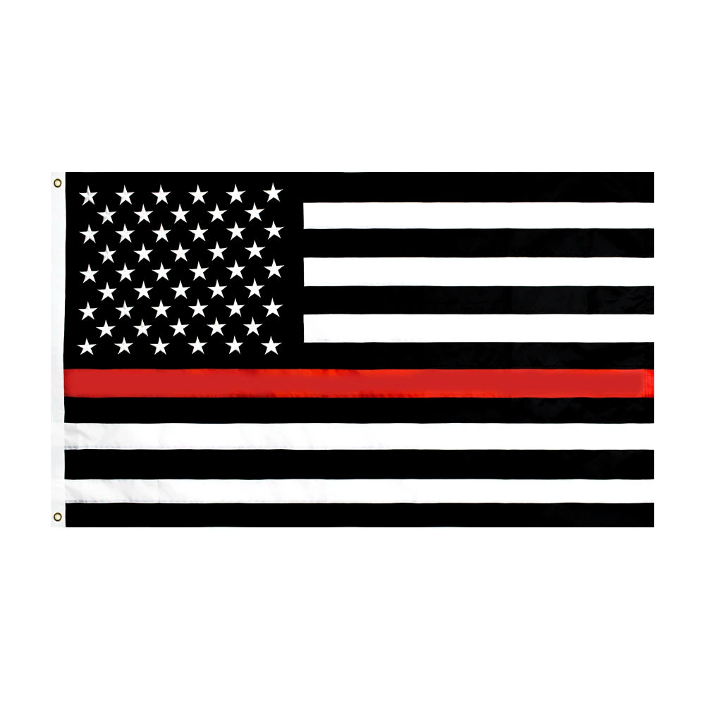 A black and white flag design featuring the stars and stripes pattern with a red horizontal bar.