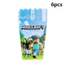 A set of six Minecraft-themed party supplies including a flag pulling cake topper and tableware.