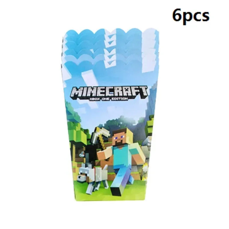 A set of six Minecraft-themed party supplies including a flag pulling cake topper and tableware.