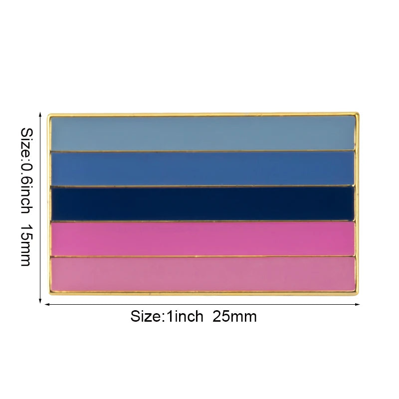 A rectangular lapel pin featuring five horizontal stripes of blue, purple, and pink colors.