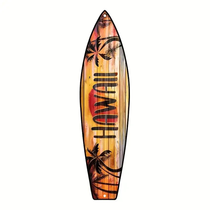 A wooden sign shaped like a surfboard featuring the word HAWAII and tropical foliage.