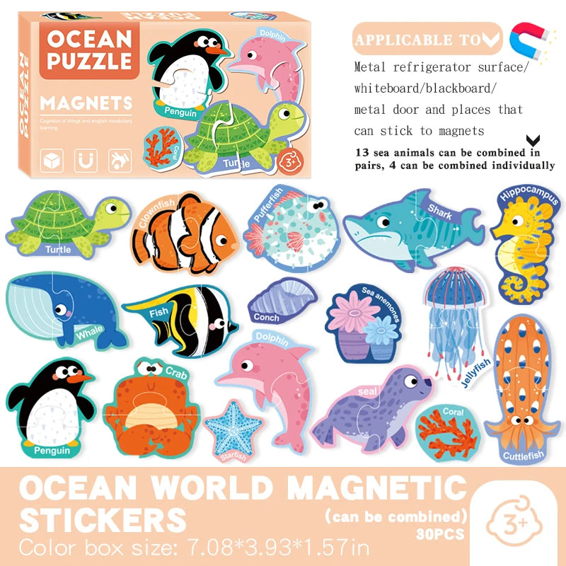 Ocean puzzle magnets featuring sea animals like penguins, turtles, sharks, and whales for learning