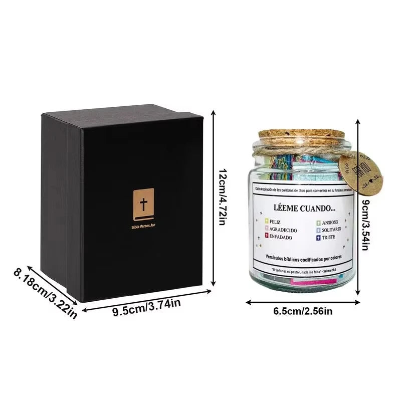 A dark brown box and a glass jar filled with color-coded Bible verses for emotional guidance.