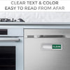 Close-up of a stainless steel dishwasher door with a green CLEAN indicator light.