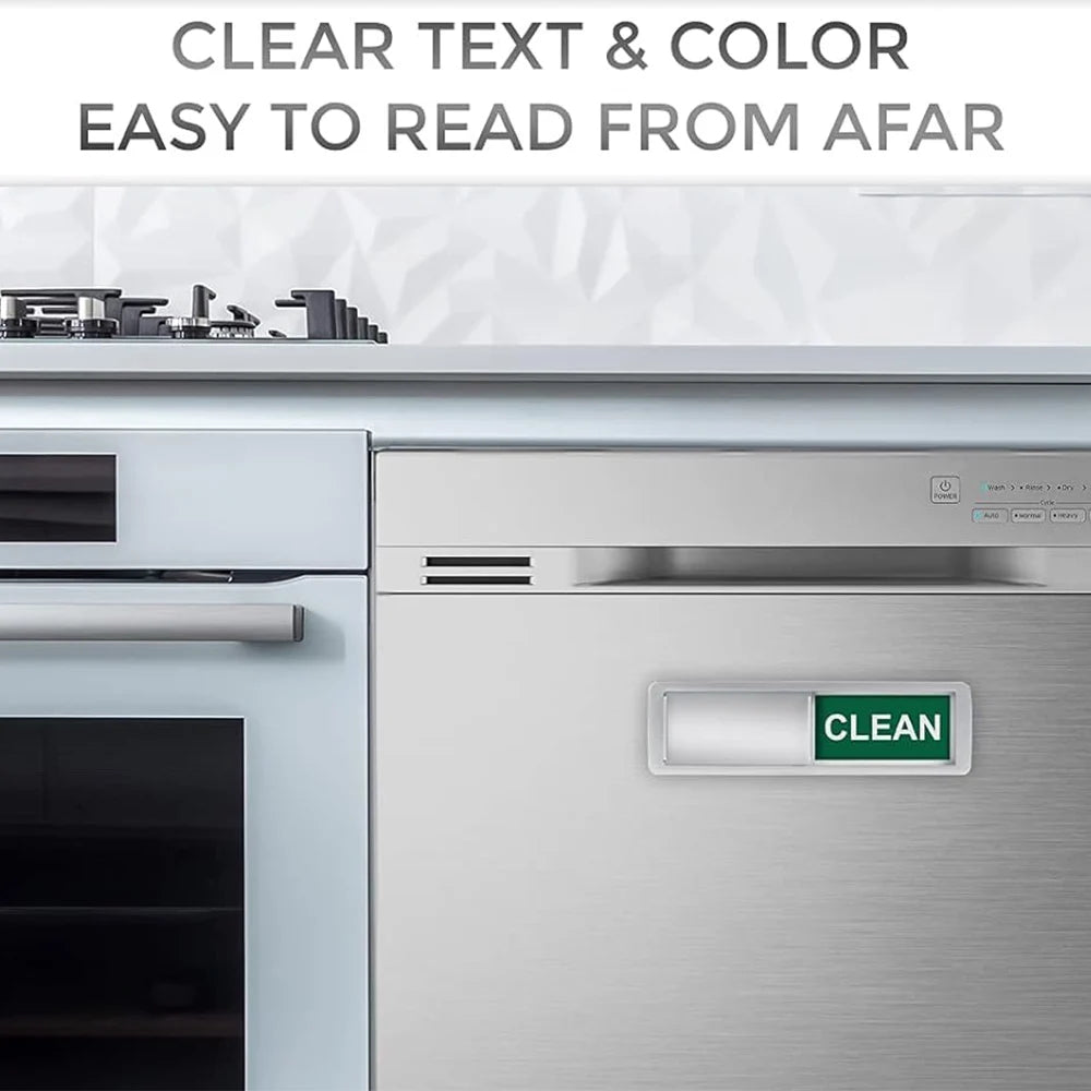 Close-up of a stainless steel dishwasher door with a green CLEAN indicator light.